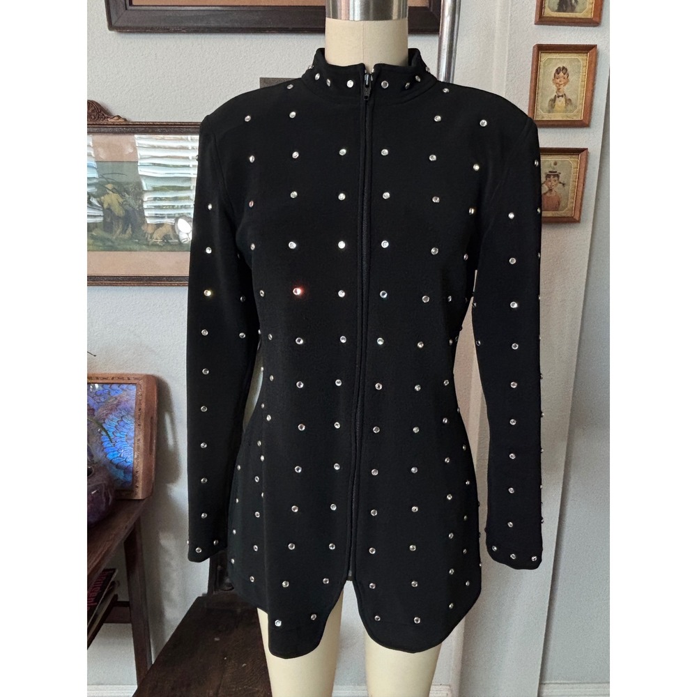Vintage Tadashi Black Rhinestone Knit Zip Up Jacket Mock Neck Longline Padded S